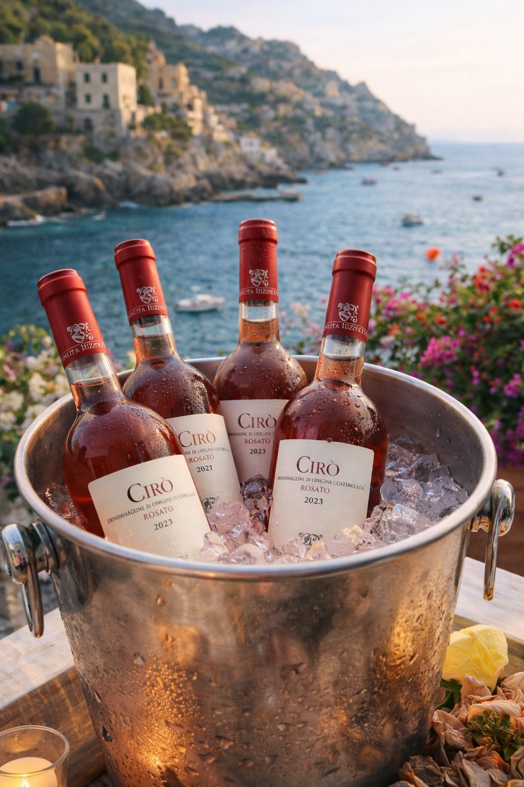 Cirò Rosato Tenuta Iuzzolini – italienischer Roséwein aus Kalabrien gekühlt im Eiskübel mit mediterraner Küstenlandschaft.