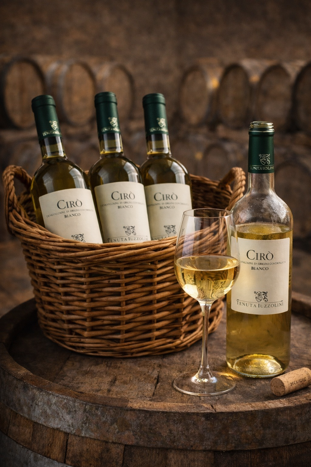 Cirò Bianco Weißwein aus Kalabrien von Tenuta Iuzzolini – eleganter italienischer Weißwein im rustikalen Weinkeller.