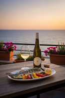 Italienischer Weißwein serviert mit gegrilltem Fisch und mediterranem Gemüse – perfekter Wein für Fischgerichte