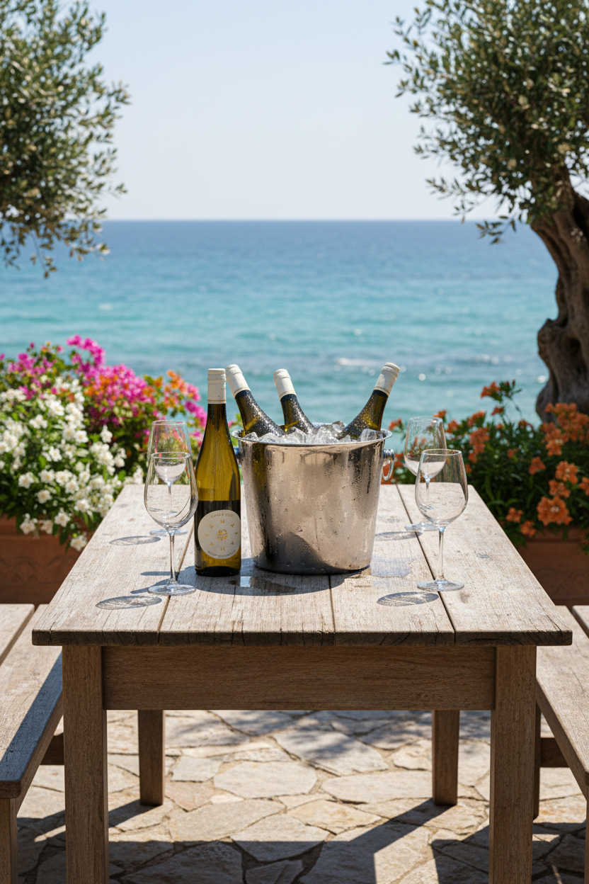 Italienischer Weißwein gekühlt im Eis am Meer – mediterrane Atmosphäre mit italienischem Wein und Blick auf das Mittelmeer