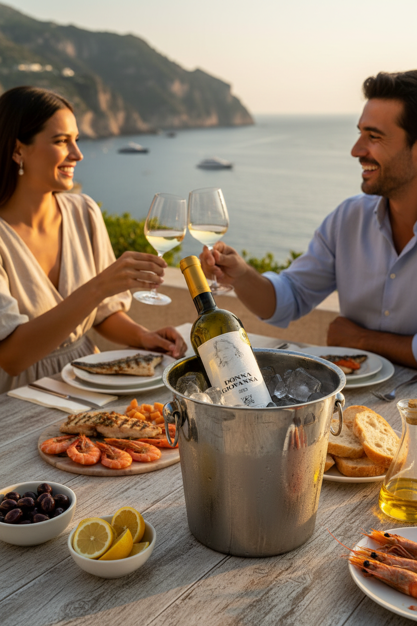 Romantisches Abendessen am Meer mit italienischem Weißwein Donna Giovanna, Fisch und Meeresfrüchten