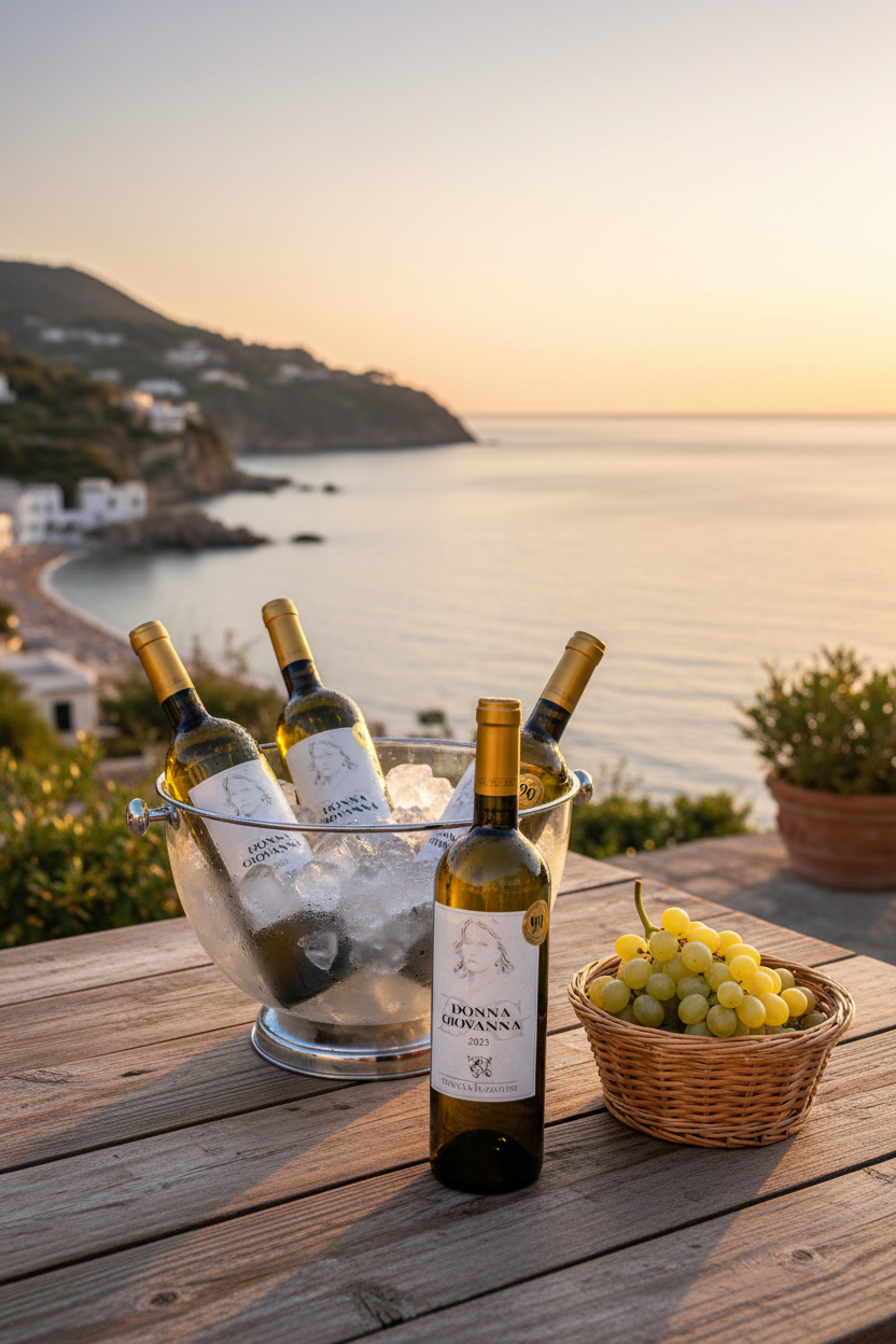 Gekühlter italienischer Weißwein Donna Giovanna von Tenuta Iuzzolini mit Trauben auf einer Terrasse am Meer