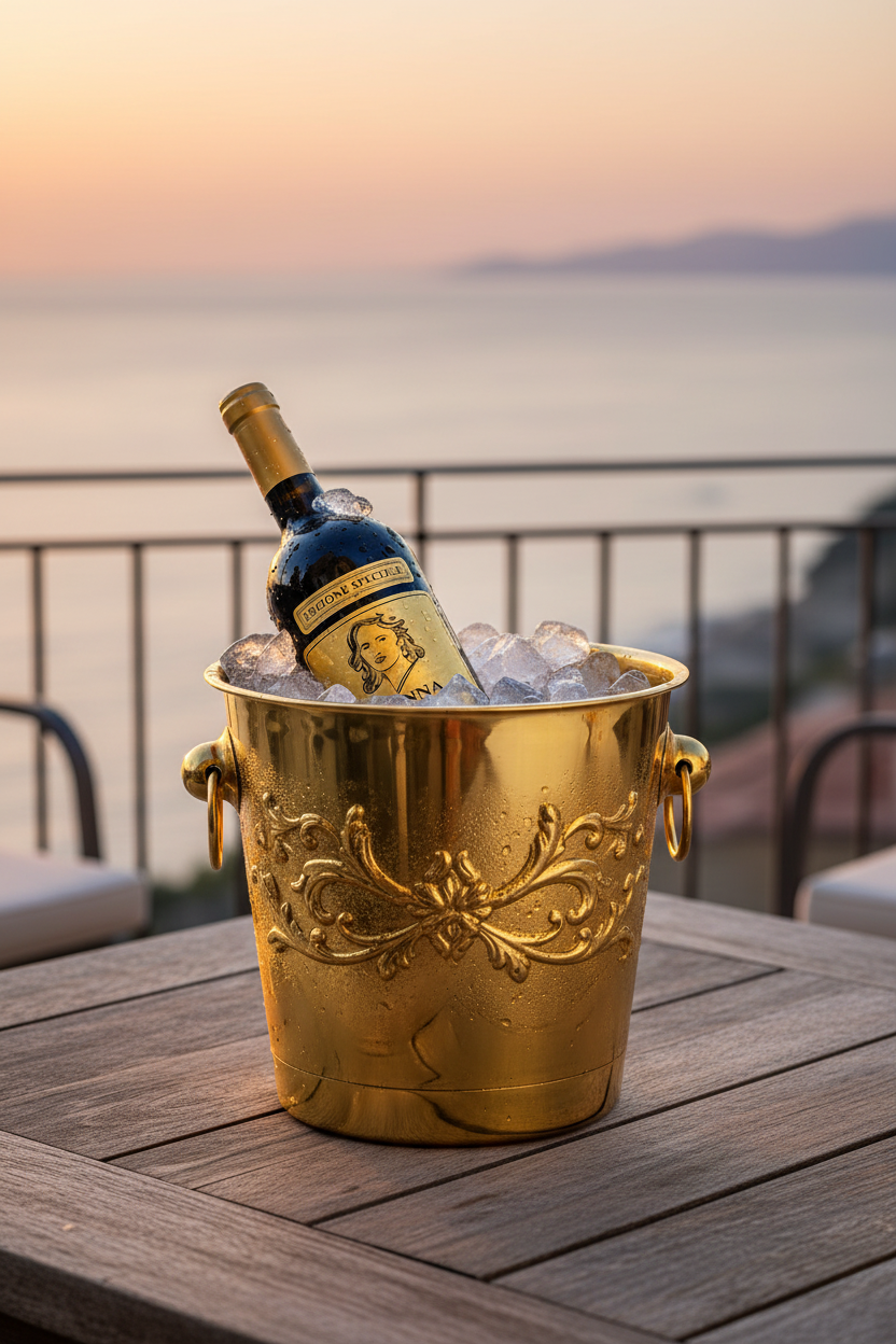 Gekühlter italienischer Weißwein Donna Giovanna im Weinkühler auf einer Terrasse mit Meerblick