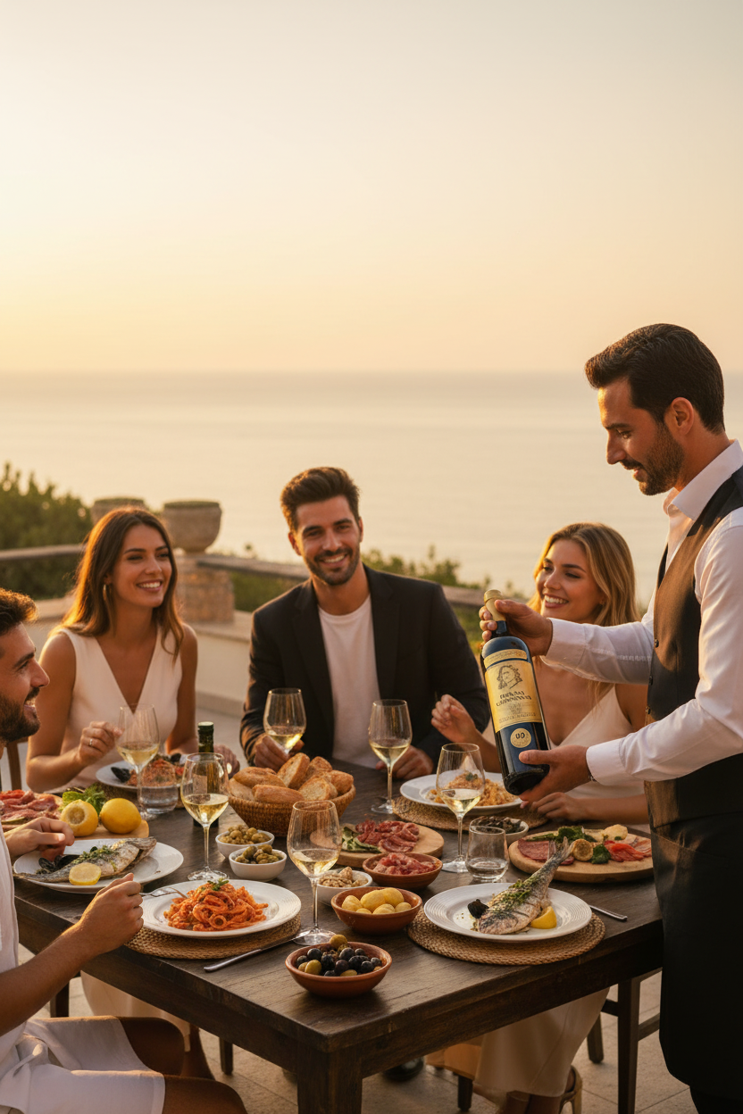 Italienisches Abendessen am Meer mit Freunden und Weißwein Donna Giovanna von Tenuta Iuzzolini