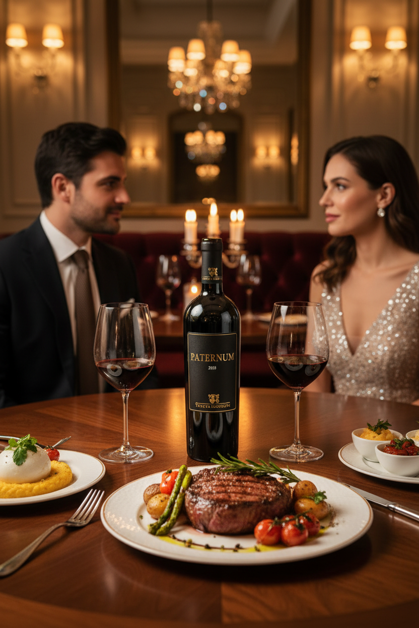Elegantes Abendessen im Restaurant mit Rotwein Paternum von Tenuta Iuzzolini und italienischer Küche