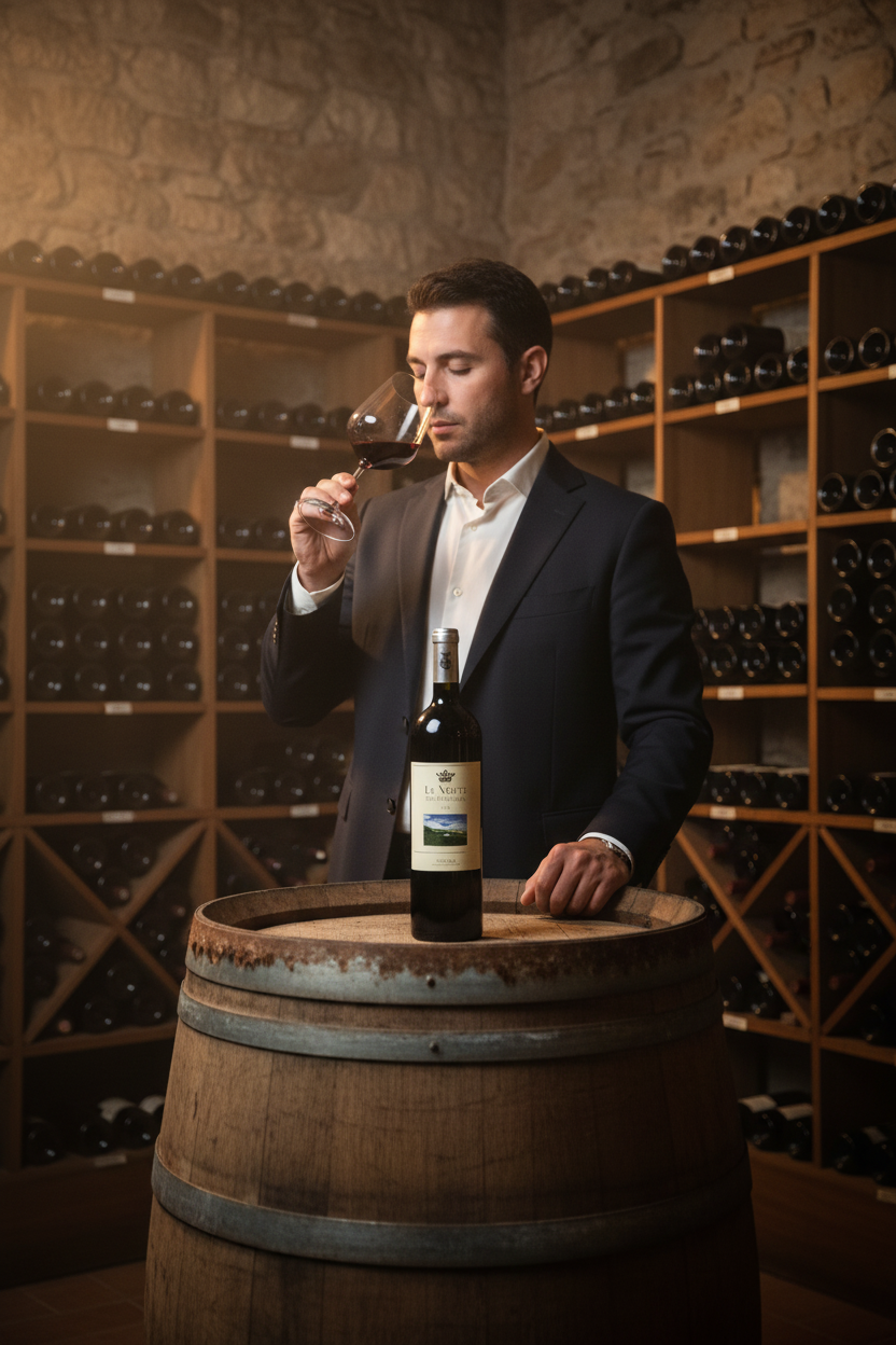 Sommelier verkostet italienischen Rotwein im traditionellen Weinkeller – Premium Wein aus Italien