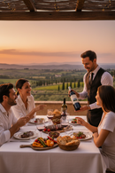 Elegantes Abendessen auf italienischer Terrasse mit Rotwein, Steak und mediterraner Küche