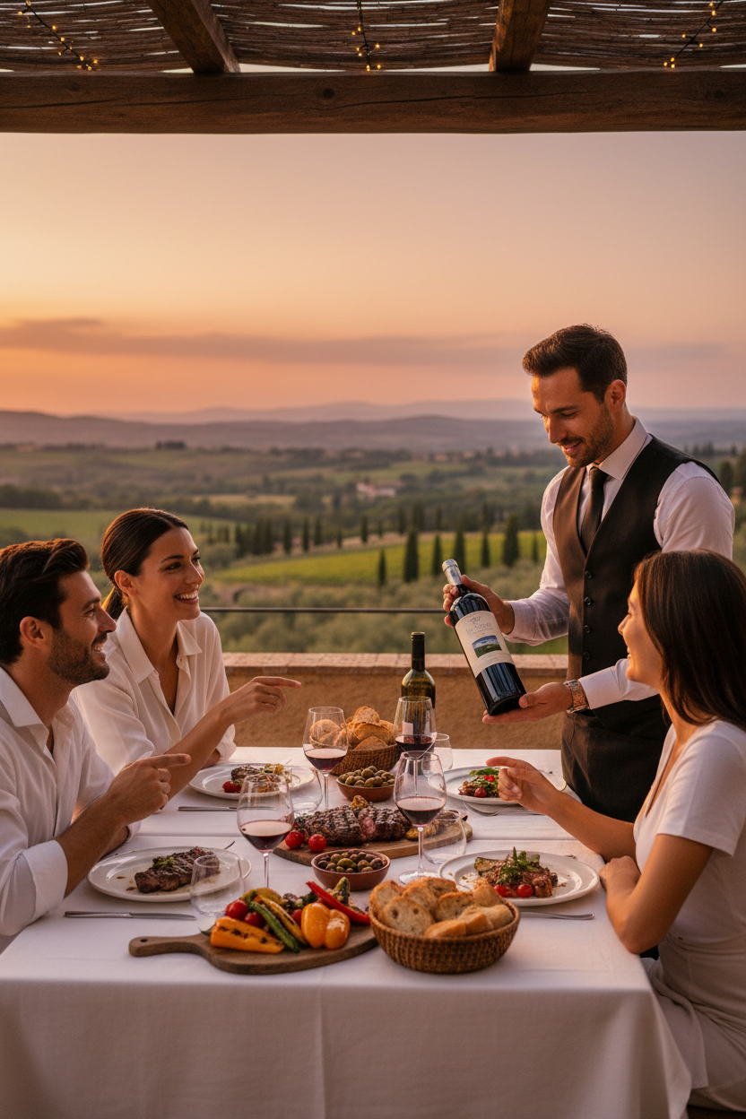 Elegantes Abendessen auf italienischer Terrasse mit Rotwein, Steak und mediterraner Küche