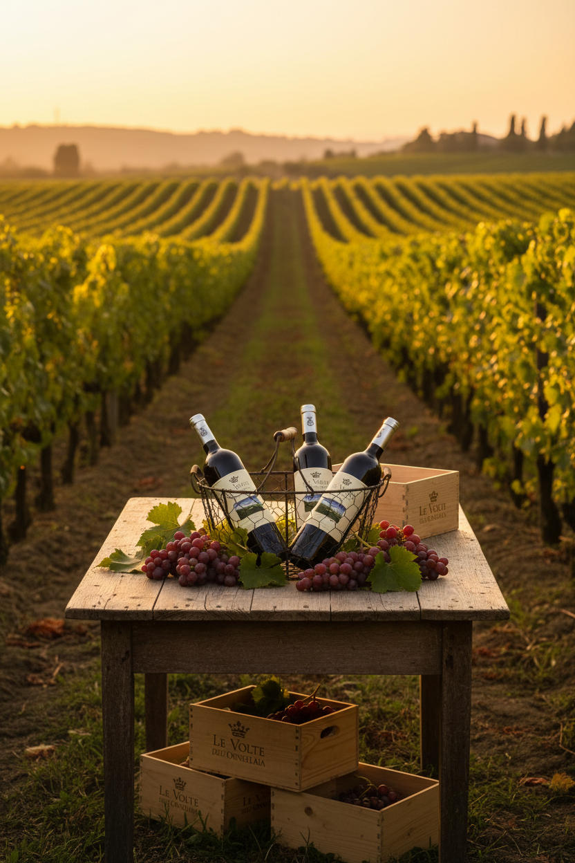 Italienische Weinflaschen im Weinberg mit frischen Trauben bei Sonnenuntergang – authentischer italienischer Wein