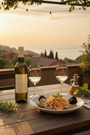Gewürztraminer Weißwein auf italienischer Terrasse mit Meeresfrüchte-Pasta bei Sonnenuntergang