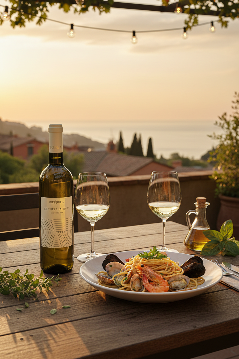 Gewürztraminer Weißwein auf italienischer Terrasse mit Meeresfrüchte-Pasta bei Sonnenuntergang
