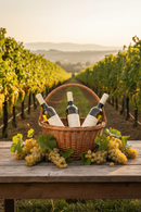 Drei Flaschen Gewürztraminer Weißwein im Korb im Weinberg mit weißen Trauben