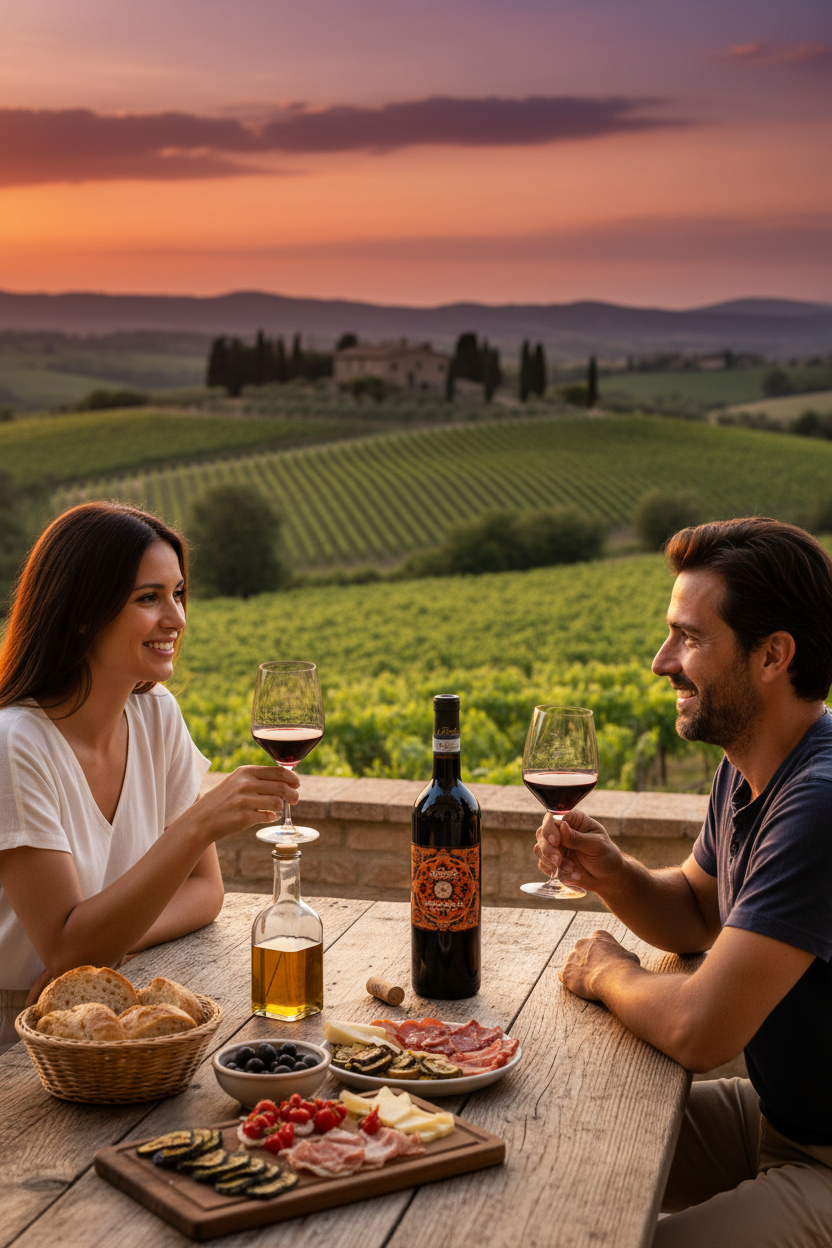 Italienischer Rotwein auf einer Terrasse in der Toskana mit mediterranen Delikatessen, Olivenöl, Brot und Antipasti – Bella Italia Store italienische Spezialitäten online kaufen