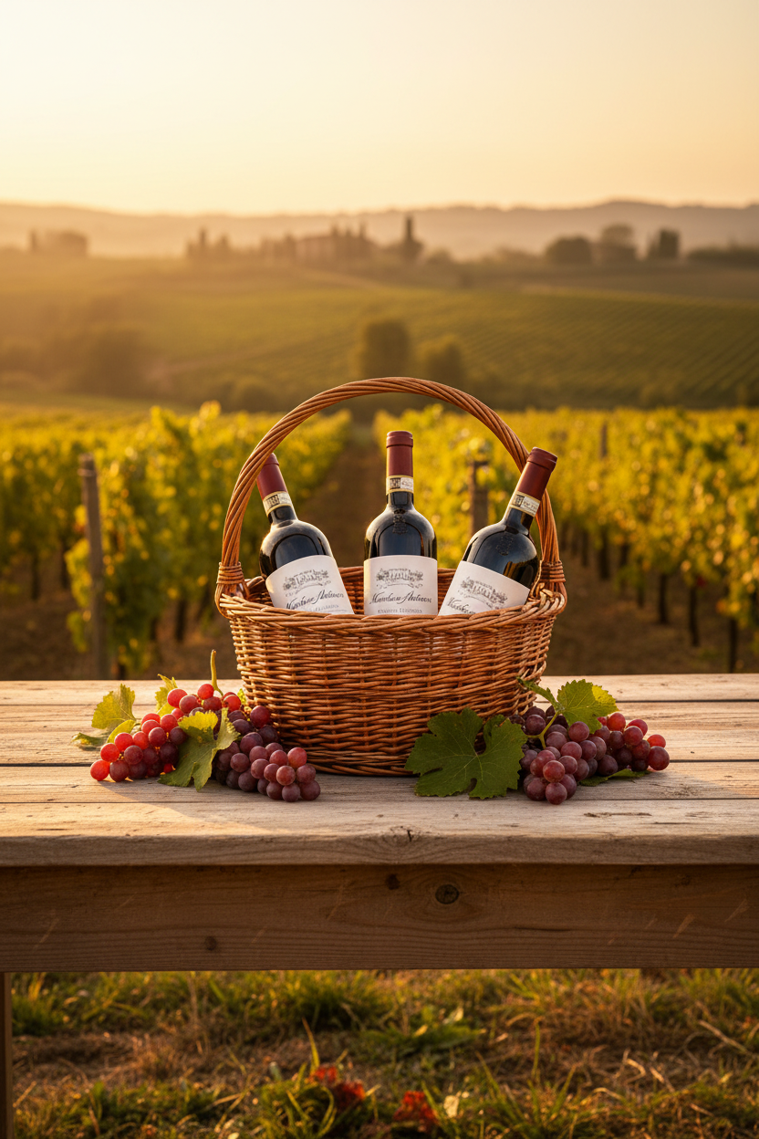 Italienische Rotweinflaschen in einem Korb mit frischen Trauben im Weinberg der Toskana bei Sonnenuntergang – italienischer Wein online kaufen