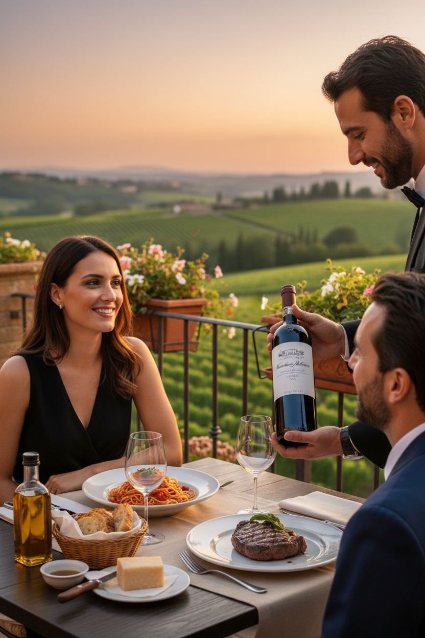 Kellner präsentiert italienischen Rotwein Chianti Classico bei einem mediterranen Dinner mit Pasta und Steak auf einer Terrasse in der Toskana – italienischen Wein online kaufen