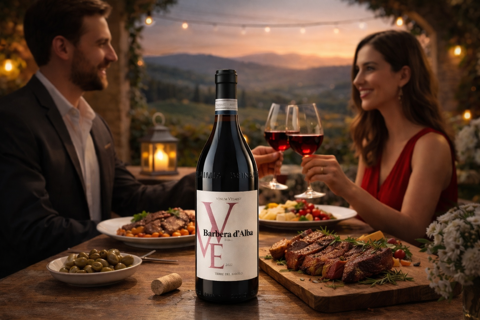 Barbera d'Alba Rotwein bei einem romantischen Dinner mit Steak, Oliven und mediterranen Spezialitäten – italienischer Rotwein online kaufen