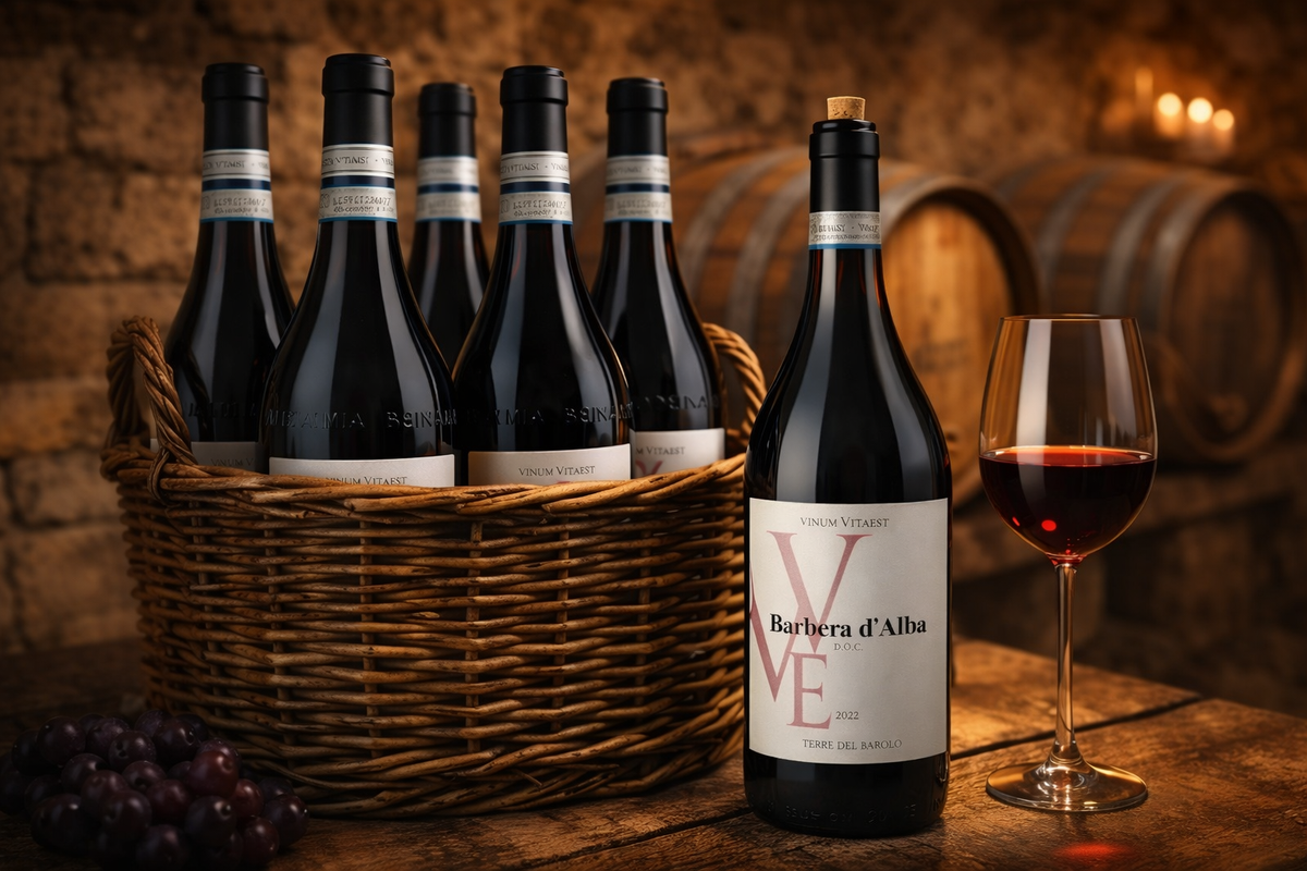 Premium Barbera d'Alba Rotwein mit Weinglas und Flaschenkorb in einer traditionellen italienischen Weinkellerei – italienischer Wein online bestellen