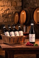 Barbera d'Alba italienischer Rotwein in einer rustikalen Weinkellerei mit Holzfässern, Trauben und Weinglas – italienischen Wein online kaufen bei Bella Italia Store