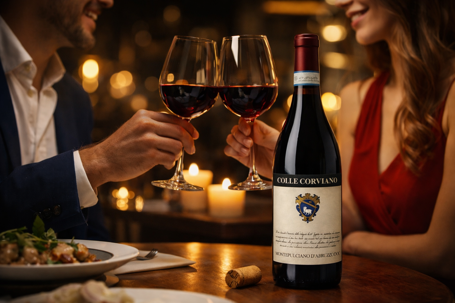 Romantisches Abendessen mit Colle Corviano Montepulciano d'Abruzzo Rotwein und zwei Weingläsern – italienischer Premium Rotwein ideal zu Pasta und Fleisch online kaufen bei Bella Italia Store