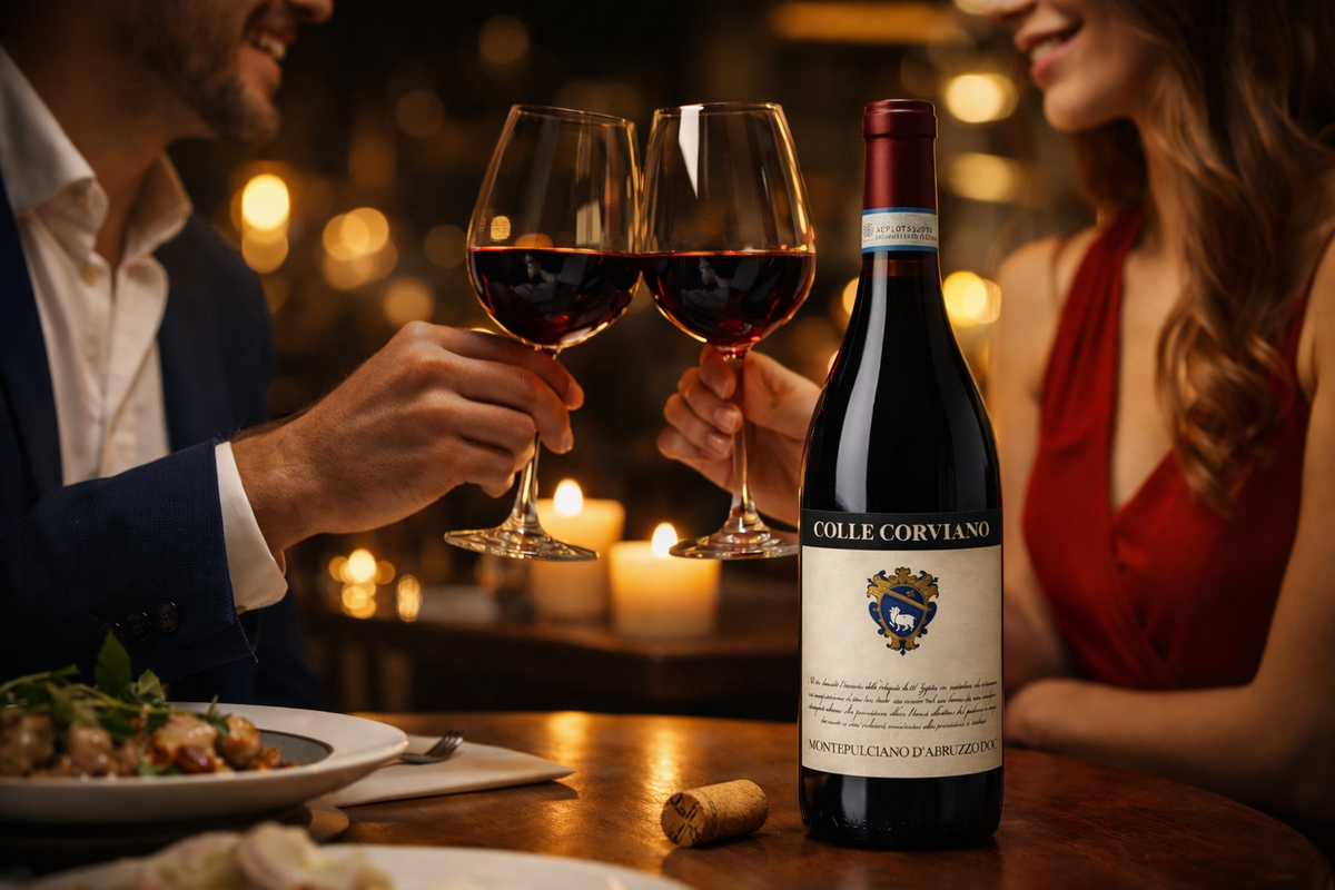 Romantisches Abendessen mit Colle Corviano Montepulciano d'Abruzzo Rotwein und zwei Weingläsern – italienischer Premium Rotwein ideal zu Pasta und Fleisch online kaufen bei Bella Italia Store
