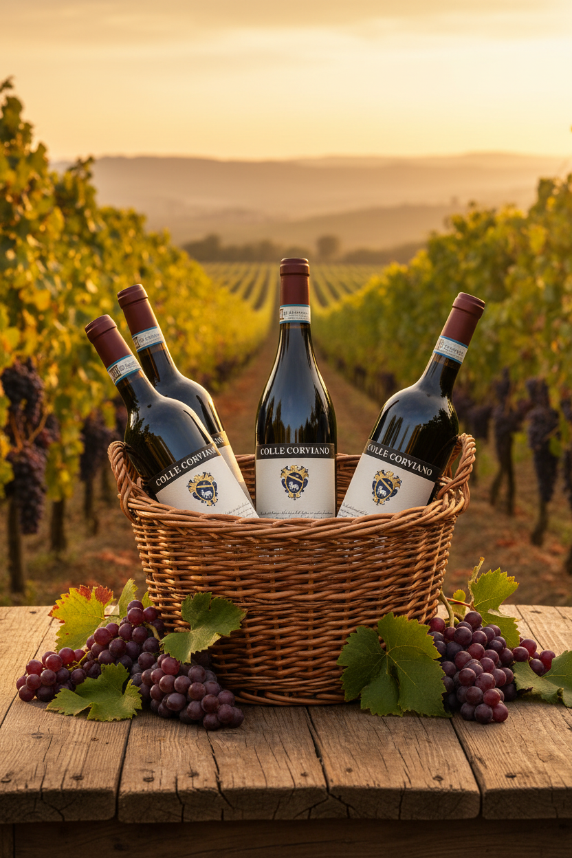 Colle Corviano Montepulciano d'Abruzzo Rotweinflaschen in einem Korb im Weinberg mit Trauben bei Sonnenuntergang – italienischer Rotwein direkt aus Italien online bestellen bei Bella Italia Store