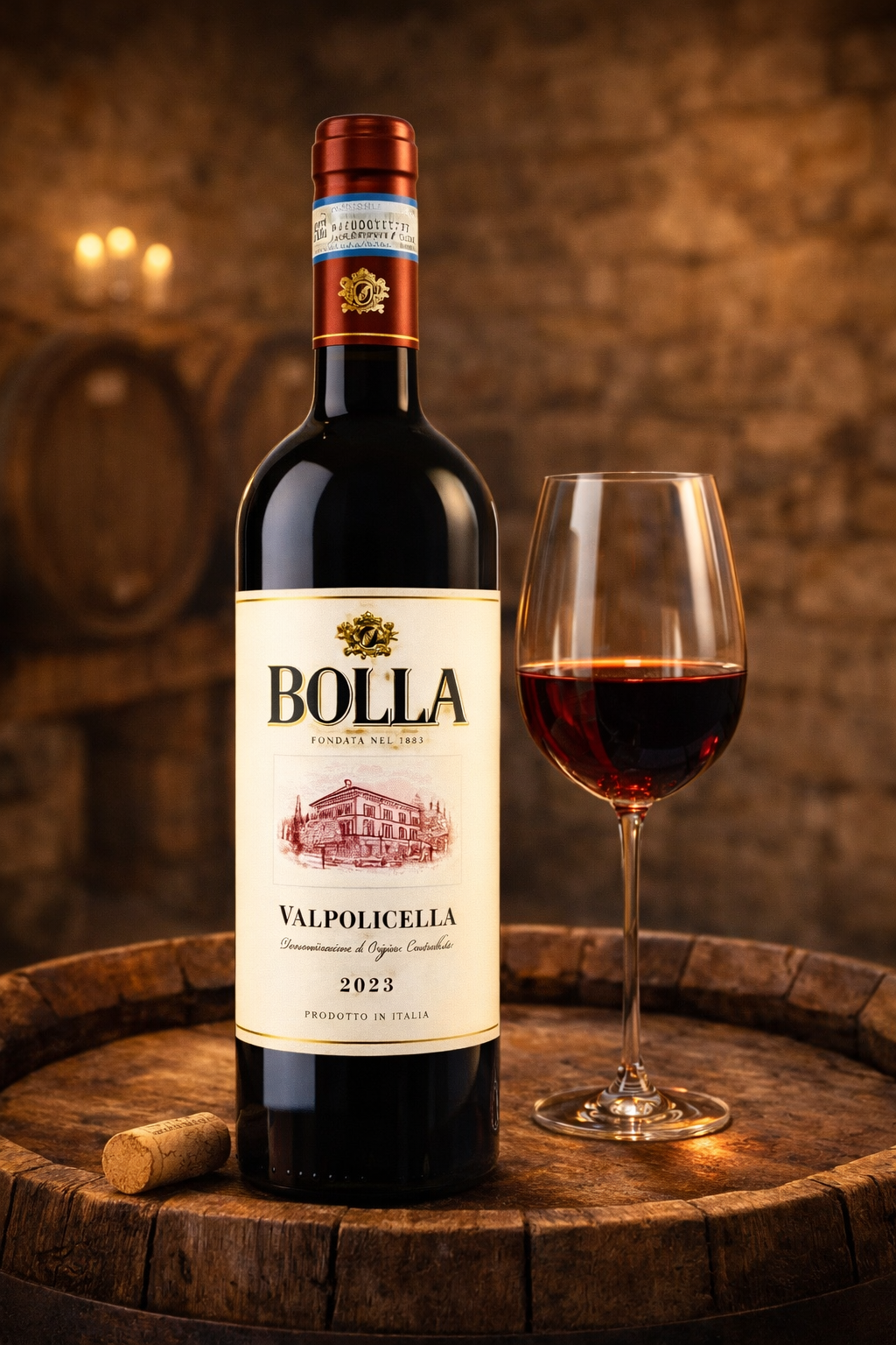 Bolla Valpolicella 2023 Rotweinflasche mit gefülltem Weinglas auf Holzfass im traditionellen Weinkeller – italienischer Qualitätswein online kaufen