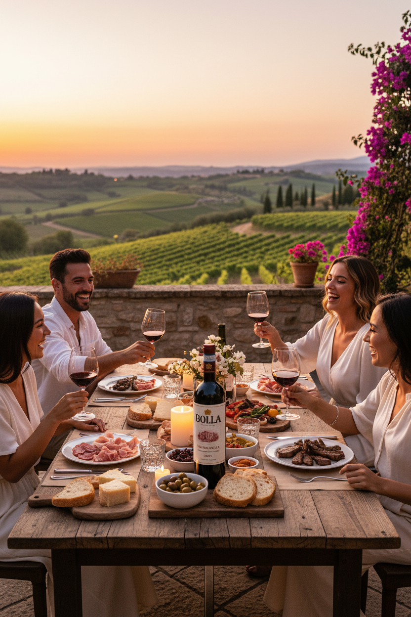 Freunde genießen italienischen Rotwein bei einem Abendessen auf einer Terrasse mit Blick auf Weinberge – italienischer Wein perfekt zu Antipasti und Fleisch