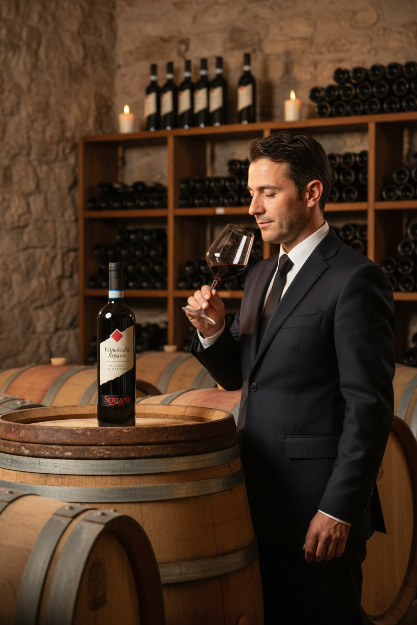 Valpolicella Ripasso italienischer Rotwein wird im Weinkeller von einem Sommelier verkostet – eleganter Rotwein aus Italien online bestellen