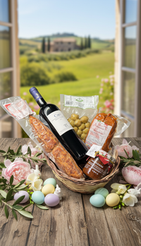 Ostern Geschenkkorb mit italienischem Rotwein Ciro, Salami, Oliven und Nduja – italienischer Feinkost Geschenkkorb zu Ostern online kaufen bei Bella Italia Store