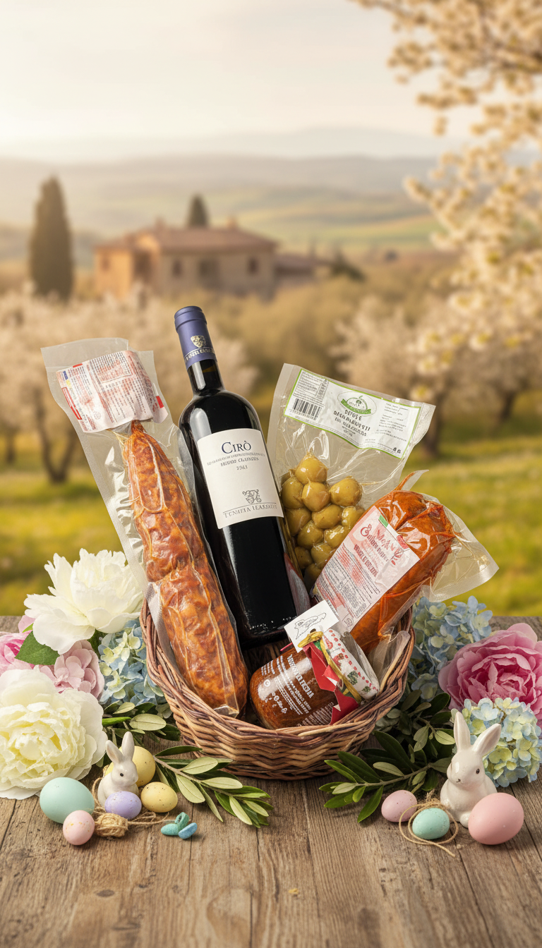 Oster Geschenkkorb mit italienischen Spezialitäten und Rotwein aus Kalabrien auf einer Terrasse mit Blick auf die Landschaft – Osterangebot Bella Italia Store
