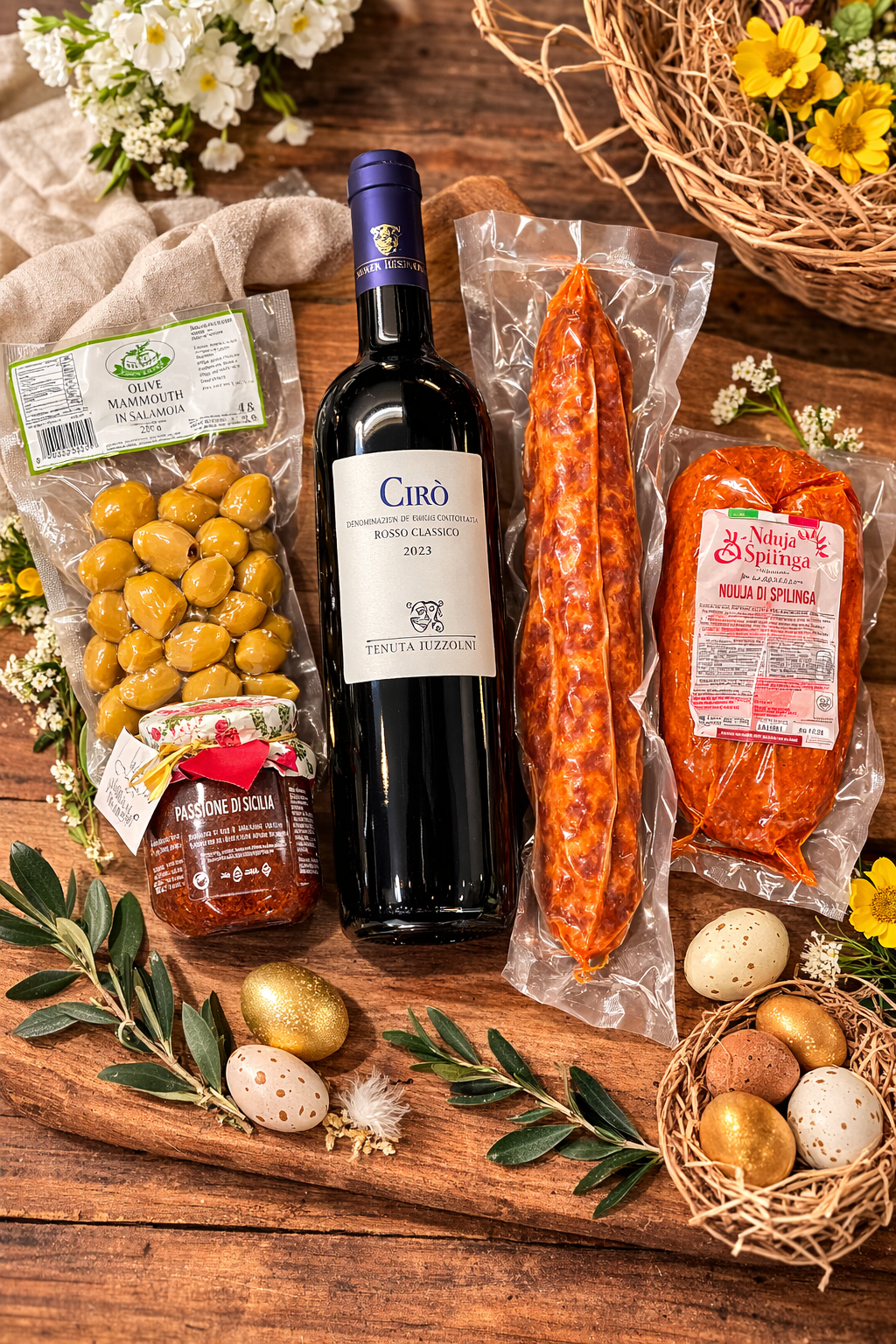 Italienischer Feinkost Geschenkkorb zu Ostern mit Rotwein, Oliven, Nduja di Spilinga und traditioneller Salami – Oster Geschenkidee aus Italien