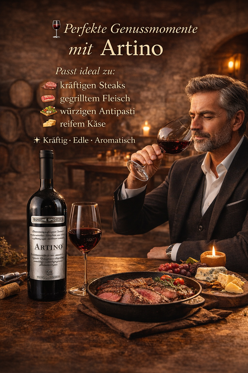 Italienischer Rotwein Artino Verkostung mit Steak und Antipast