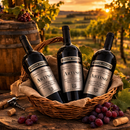 Italienischer Rotwein Artino Flaschen im Korb im Weinberg bei Sonnenuntergan