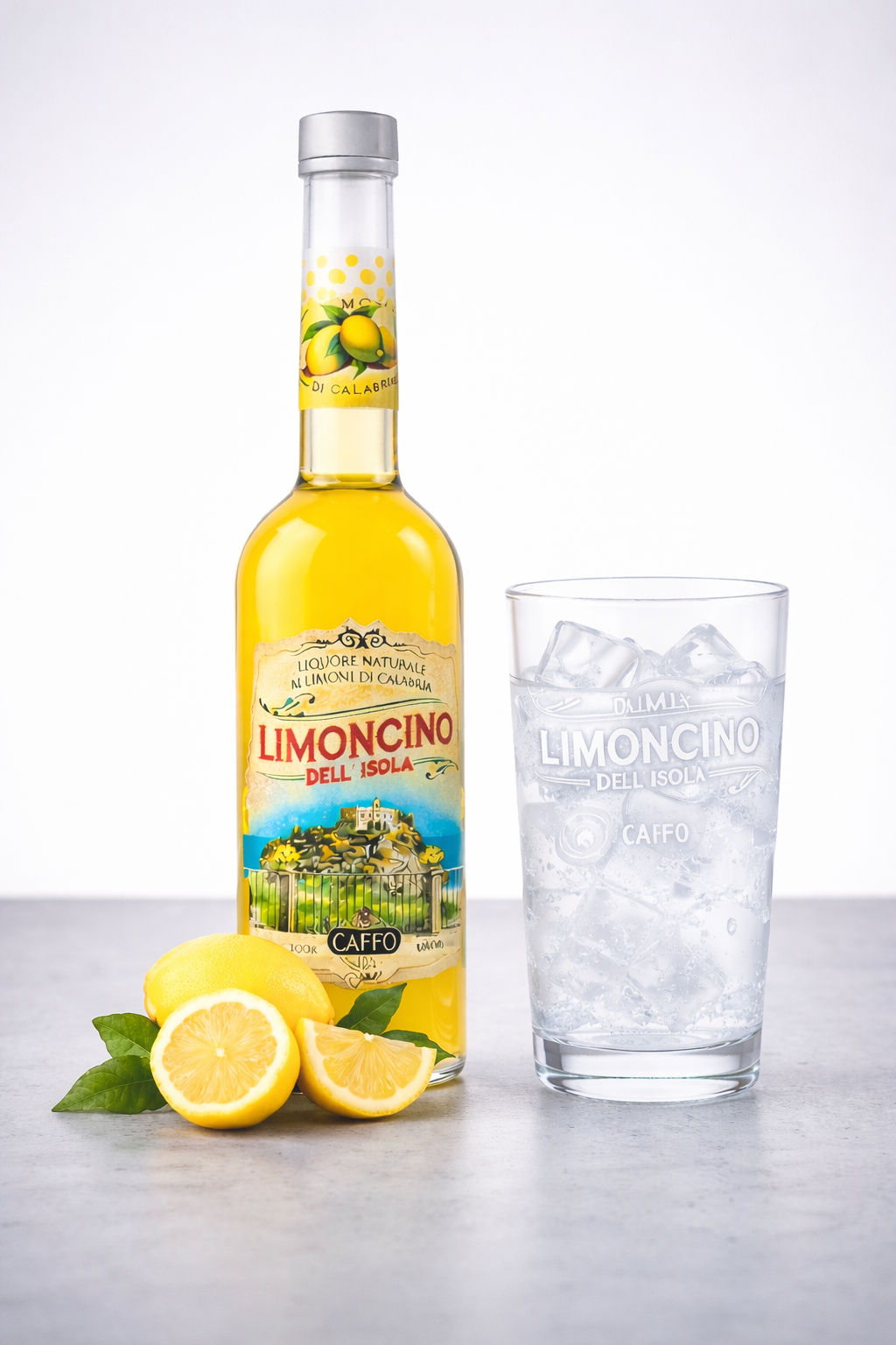 Limoncino dell’Isola Zitronenlikör aus Kalabrien in Glasflasche mit frischen Zitronen und Minze auf Holztisch – italienischer Limoncello Likör Bella Italia Store