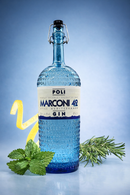 Poli Marconi 42 Mediterranean Gin in blauer Flasche mit Zitronenschale, Minze und Rosmarin – italienischer Premium Gin aus Italien im Bella Italia Store