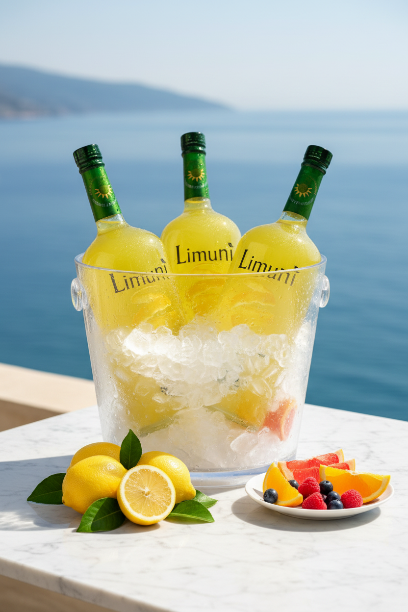 Limuni Limoncello Flaschen auf Eis mit frischen Zitronen am Meer