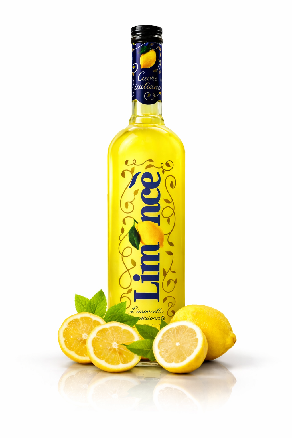 Limmone Limoncello Zitronenlikör in gelber Flasche mit frischen Zitronen und Minze – italienischer Limoncello online kaufen Bella Italia Store
