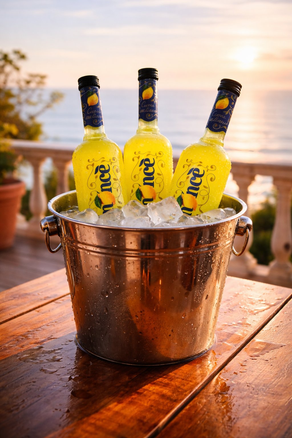 Limuncè Limoncello mit Freunden genießen am Meer bei Sommer Abend
