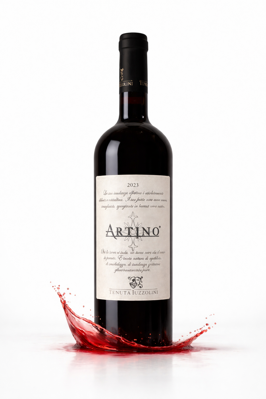 Artino Rotwein Tenuta Iuzzolini aus Kalabrien – italienischer Premium Rotwein in eleganter Flasche mit rotem Weinsplash