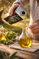 Kaltgepresstes italienisches Olivenöl extra vergine wird frisch in eine Glasflasche eingeschenkt – mediterraner Genuss aus Italien 🇮🇹🫒