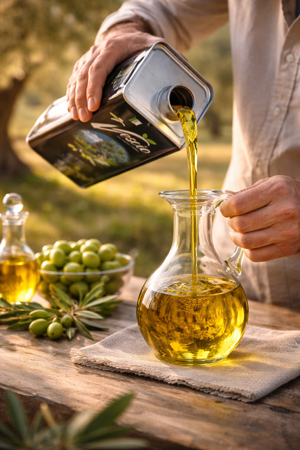 Kaltgepresstes italienisches Olivenöl extra vergine wird frisch in eine Glasflasche eingeschenkt – mediterraner Genuss aus Italien 🇮🇹🫒
