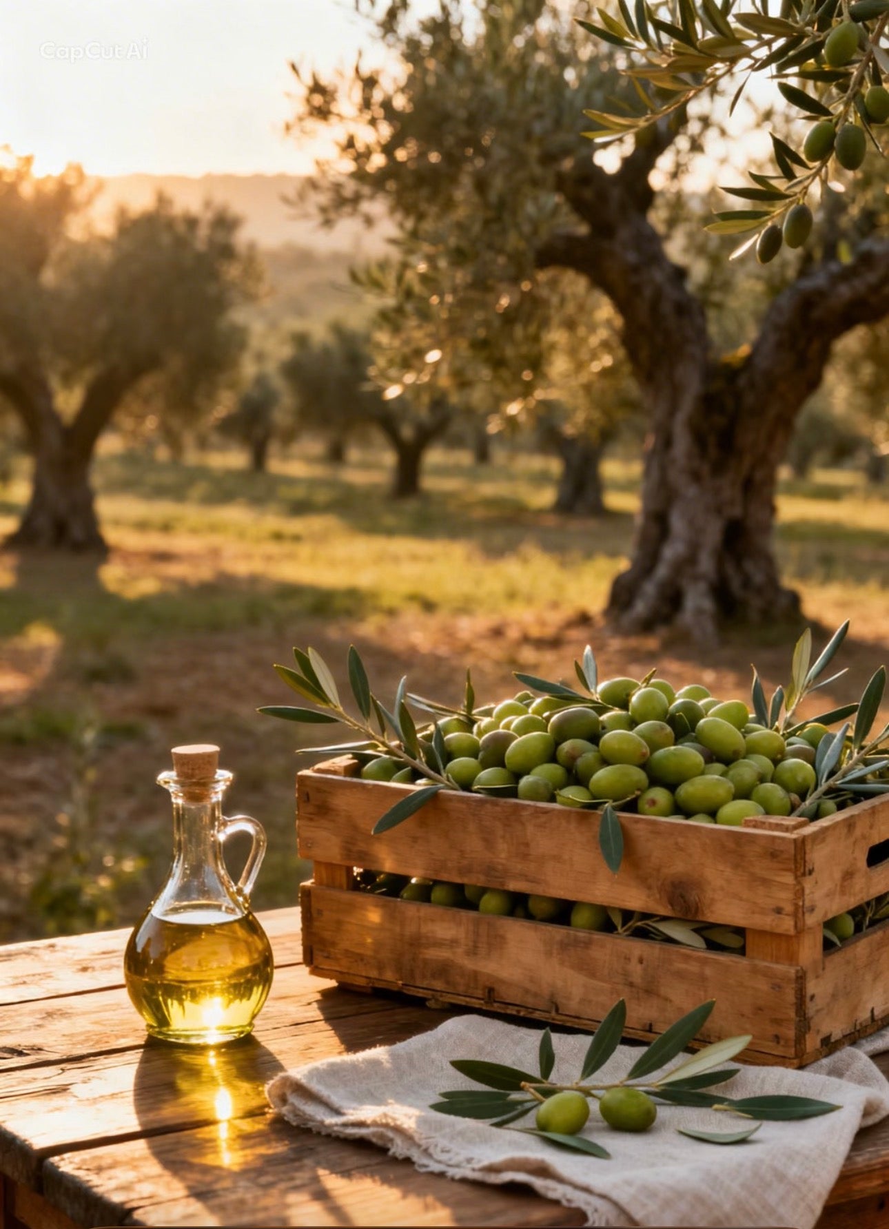Frische grüne Oliven in Holzkiste mit Olivenöl Karaffe im mediterranen Olivenhain bei Sonnenuntergang
