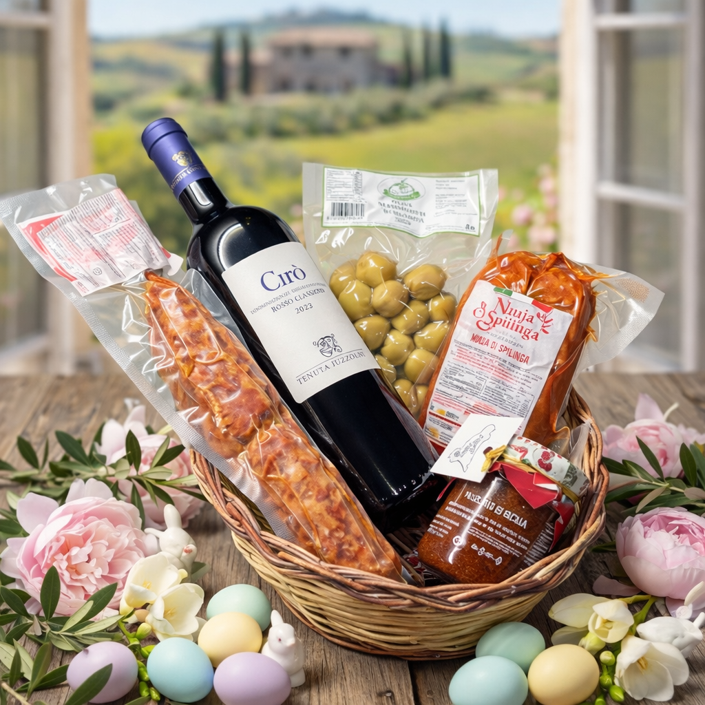 Ostern Geschenkkorb mit italienischem Rotwein Ciro, Salami, Oliven und Nduja – italienischer Feinkost Geschenkkorb zu Ostern online kaufen bei Bella Italia Store