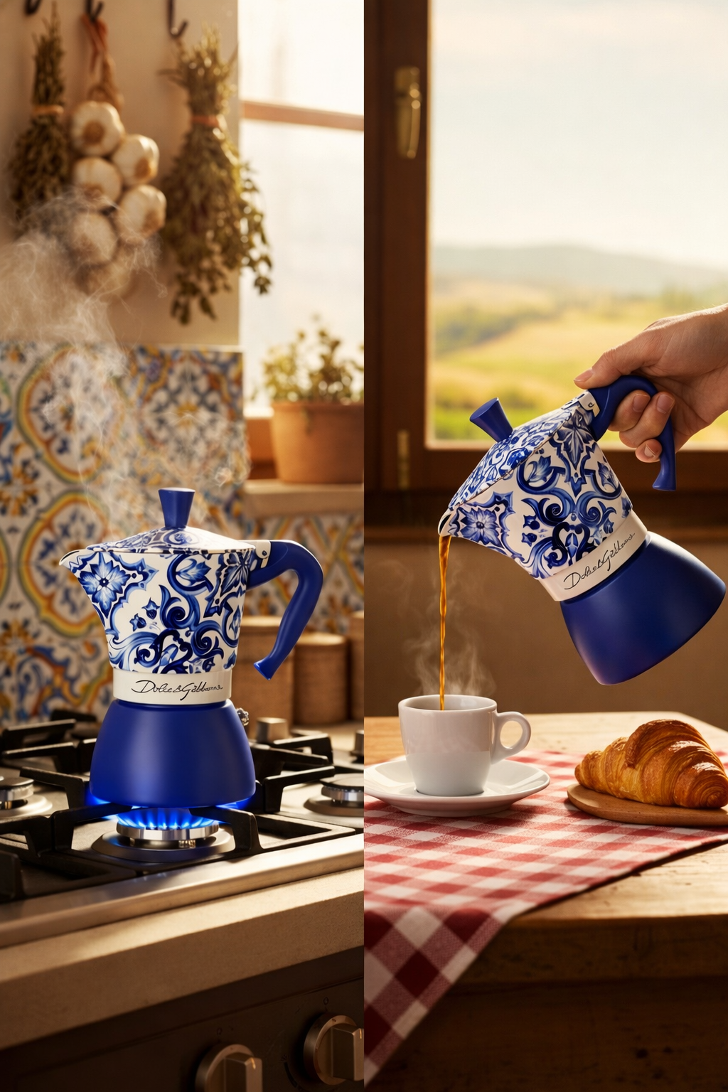 Espressokocher Bialetti blau gießt frischen Espresso in Tasse – italienisches Frühstück mit Croissant