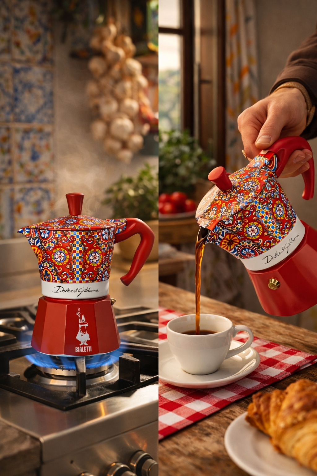 Bialetti D&G Espressokocher rot auf Herd – italienischer Espresso frisch zubereitet 6 Tassen
