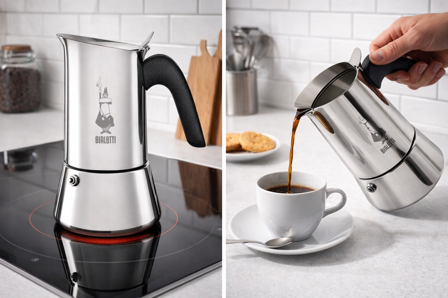 Bialetti Espressokocher Induktion Edelstahl auf Herd Kaffeezubereitung italienisch
