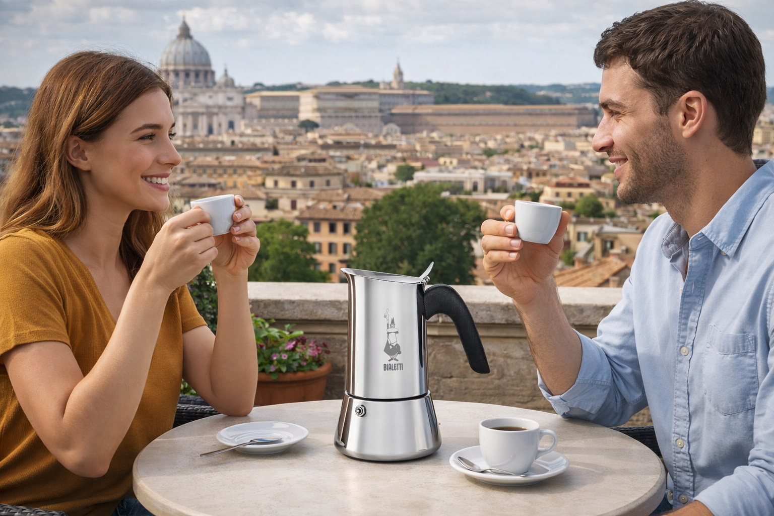 Italienische Kaffeemaschine Bialetti Espresso genießen Paar Rom Aussicht Italien