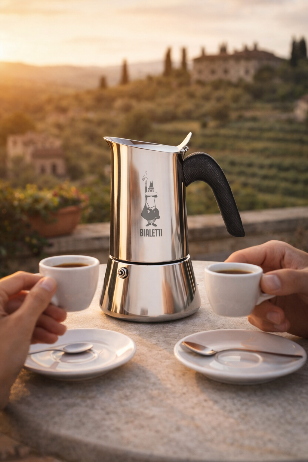 Bialetti Kaffeemaschine Edelstahl Espresso auf Terrasse Italien Kaffee genießen
