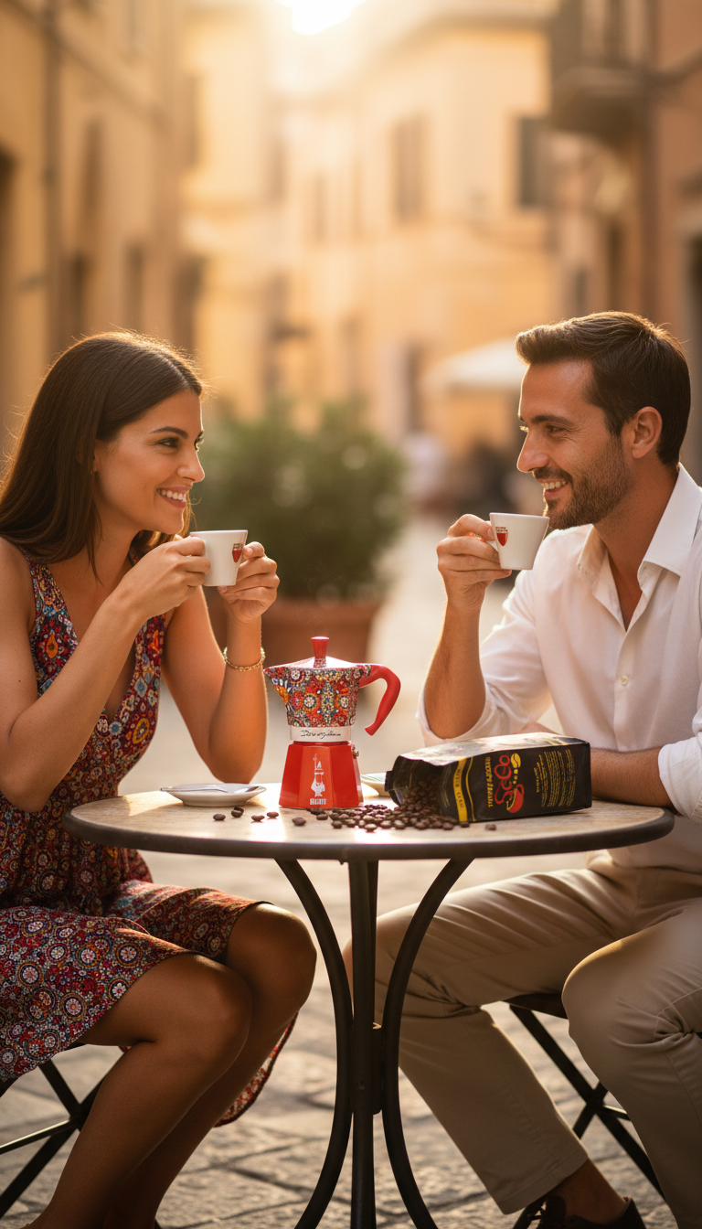 Espresso Genuss in Italien – Paar trinkt Kaffee auf Terrasse mit italienischer Kaffeemaschine

