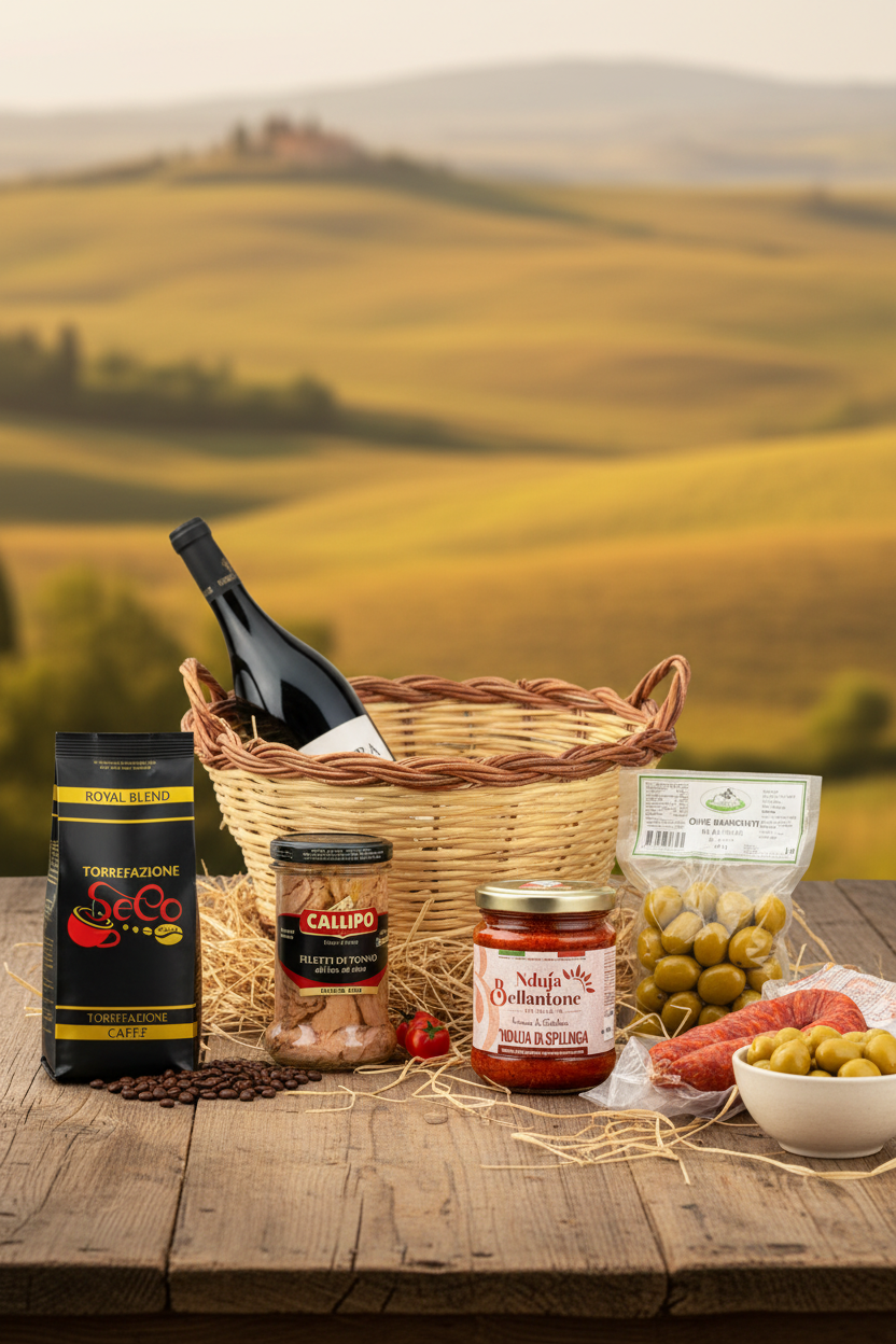 Italienischer Geschenkkorb mit Wein und Feinkost